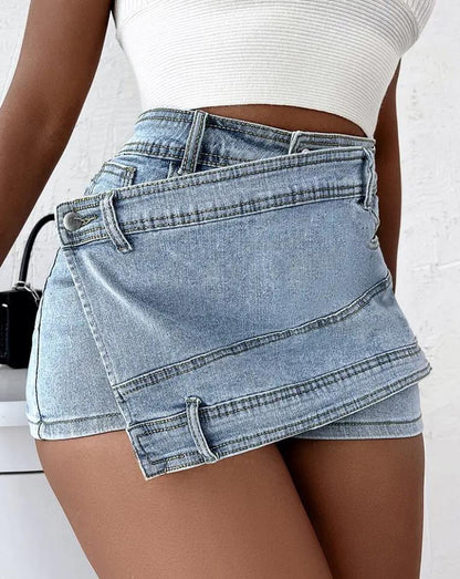 Overlap Waist Wrap Denim Shorts - BEUPFORLIFE.com