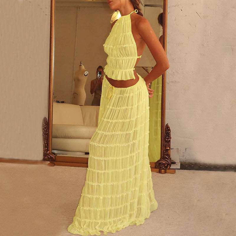 2pc Women's Sleeveless, Backless Cropped Halter Top & Pleated Long Dress - BEUPFORLIFE.com