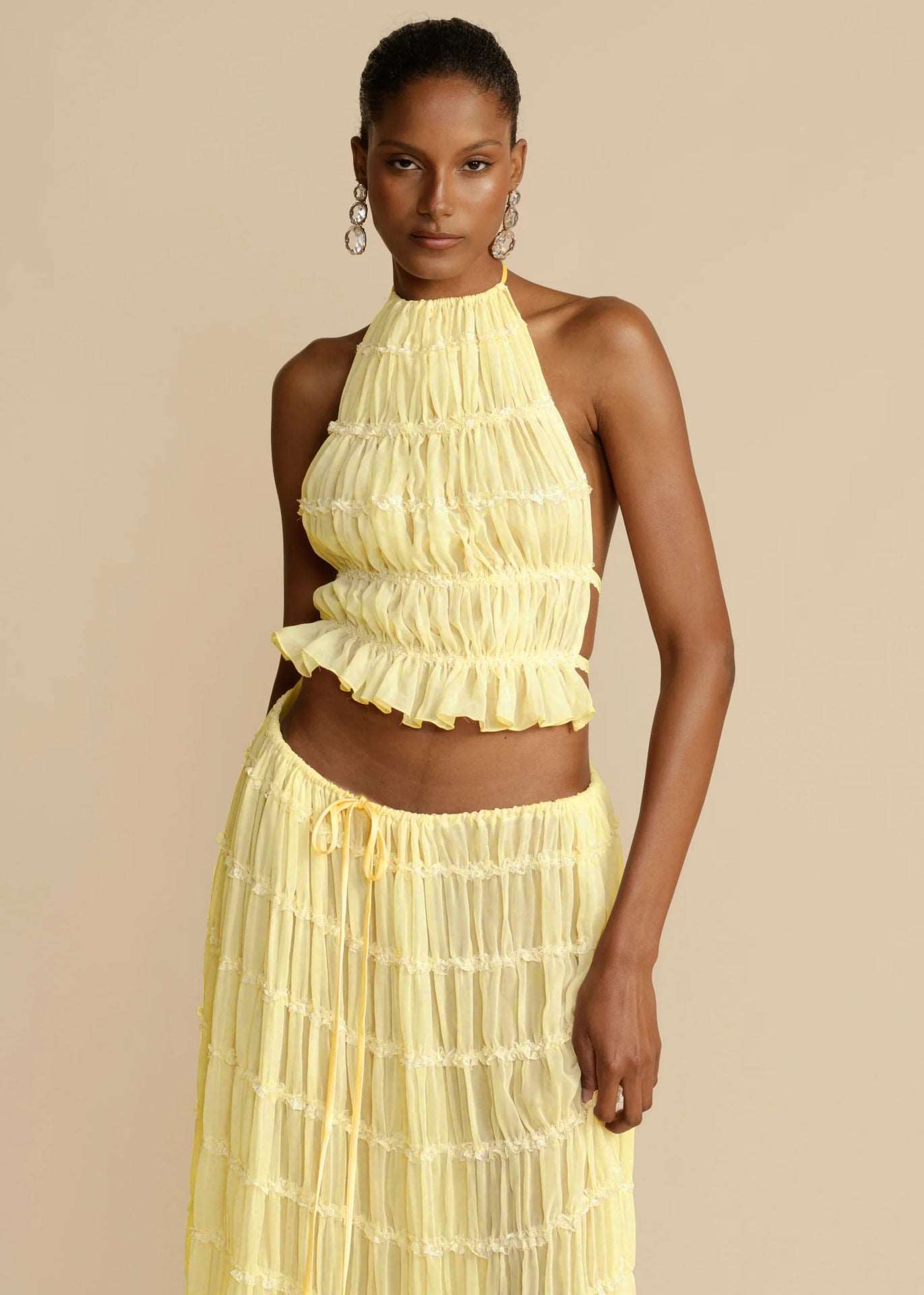 2pc Women's Sleeveless, Backless Cropped Halter Top & Pleated Long Dress - BEUPFORLIFE.com