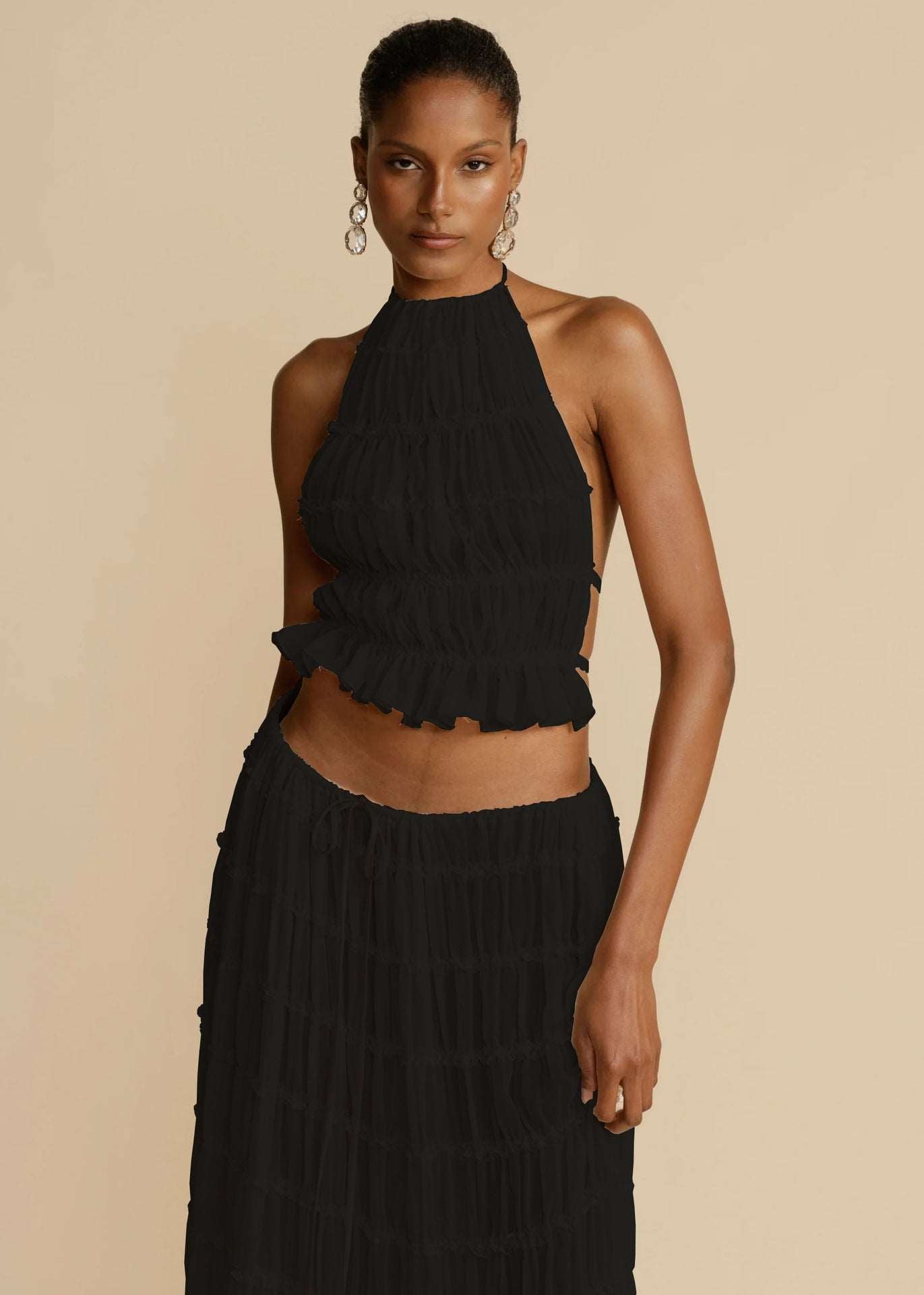 2pc Women's Sleeveless, Backless Cropped Halter Top & Pleated Long Dress - BEUPFORLIFE.com