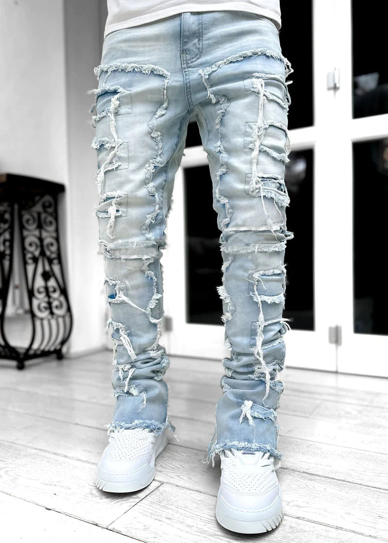 Tight Fit Stacked, Patched Jeans - BEUPFORLIFE.com