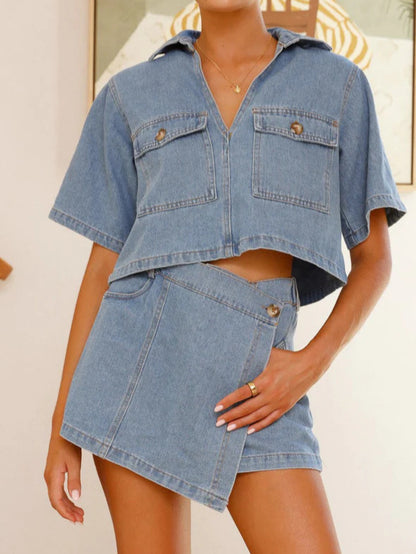 V-neck Short Sleeve Loose And Irregular Denim Pant skirt