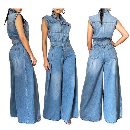 Washed-out Sleeveless Denim, One-piece Wide-leg jumpsuit - BEUPFORLIFE.com