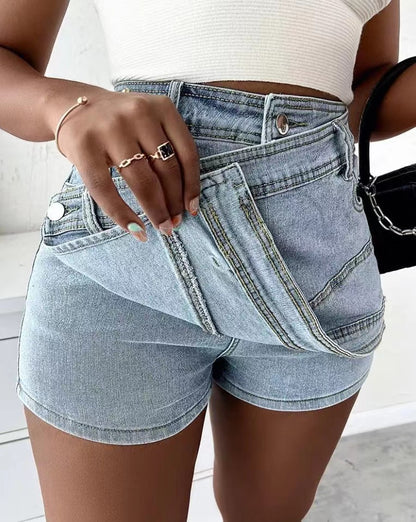 Overlap Waist Wrap Denim Shorts - BEUPFORLIFE.com