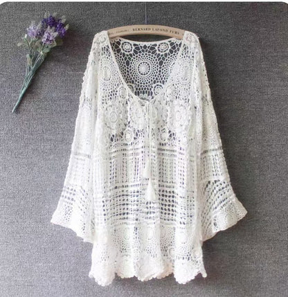 Women's Lace Crocheted Hollowed Out Sun Protective Blouse - BEUPFORLIFE.com