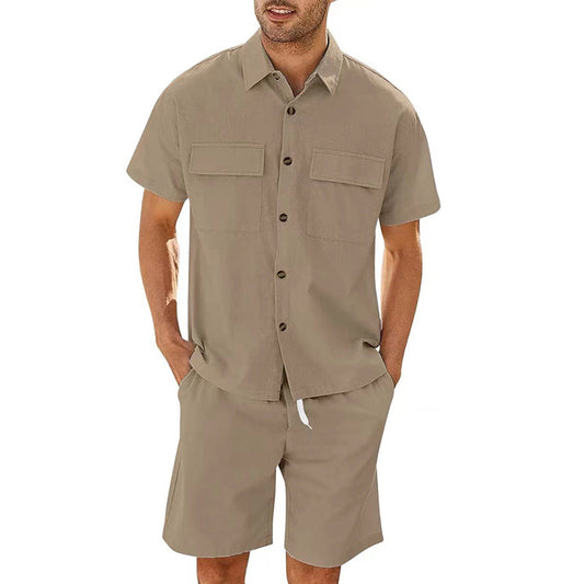 Men Short Sleeve Lapel Pocket Shirt w/Drawstring Shorts - BEUPFORLIFE.com