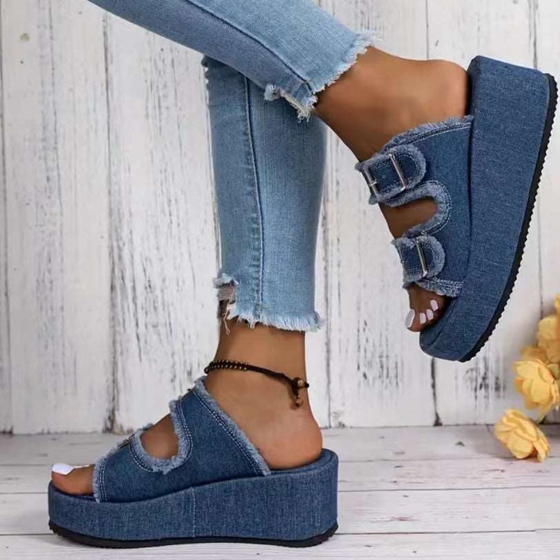 Denim Buckle Wedge Sandals - BEUPFORLIFE.com