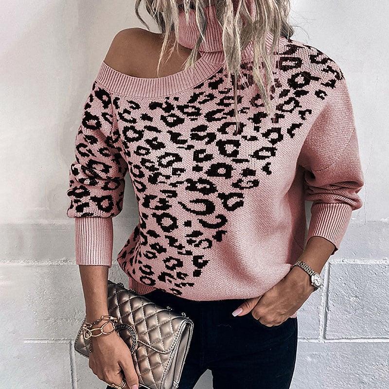 Leopard Print Shoulder-baring Sweater Be Up For Life