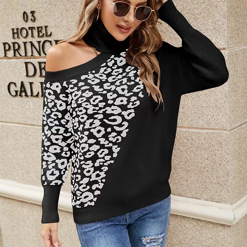 Leopard Print Shoulder-baring Sweater Be Up For Life