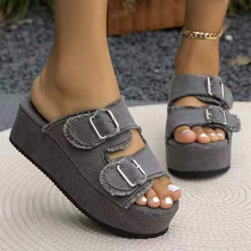 Denim Buckle Wedge Sandals - BEUPFORLIFE.com