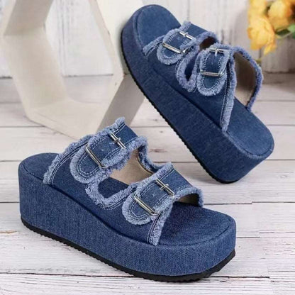 Denim Buckle Wedge Sandals - BEUPFORLIFE.com