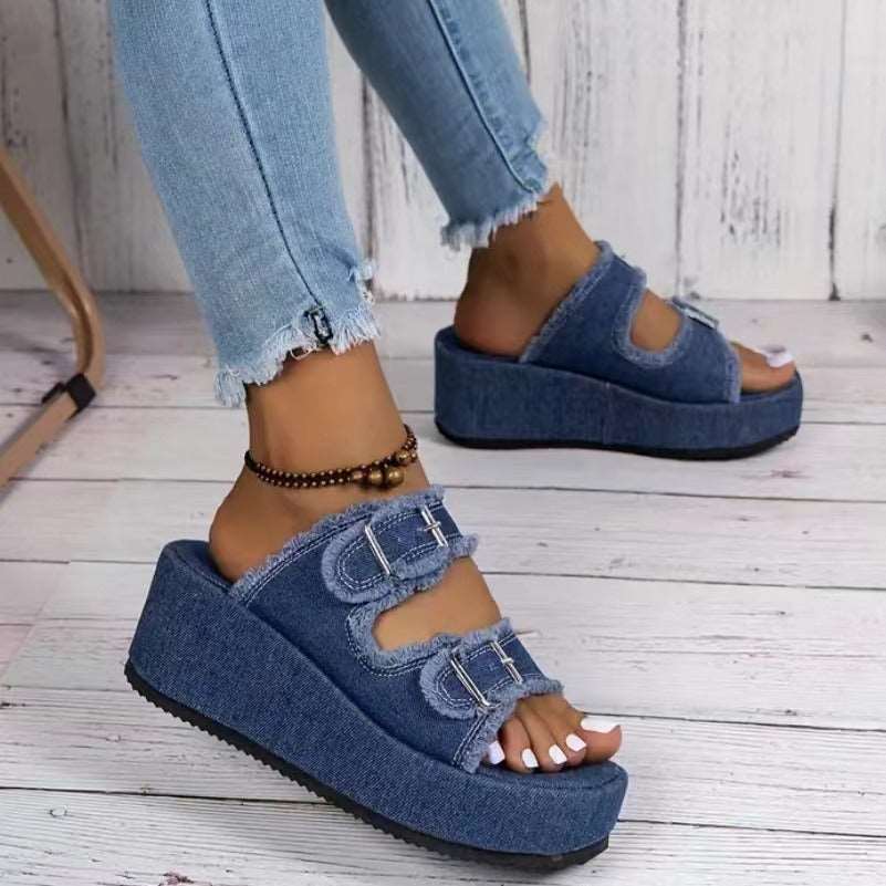 Denim Buckle Wedge Sandals - BEUPFORLIFE.com