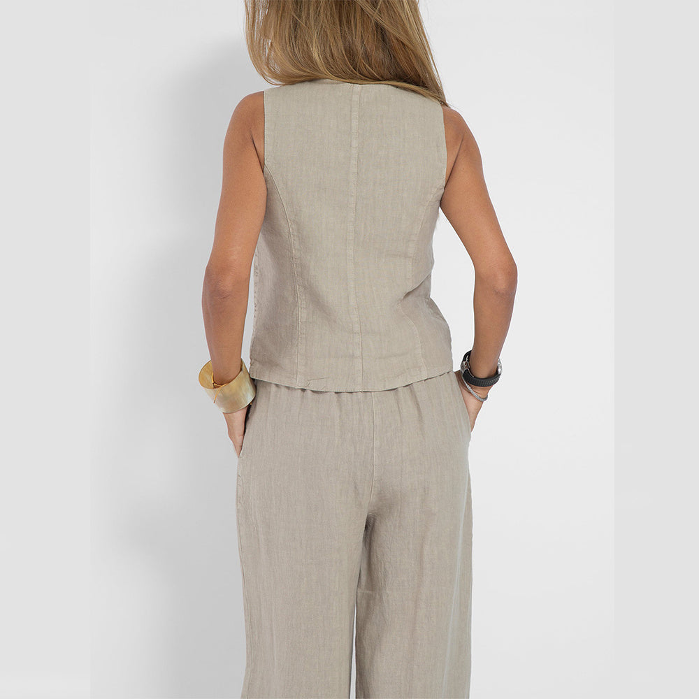 V-neck Botton Sleeveless Top And Loose Straight Pants - BEUPFORLIFE.com