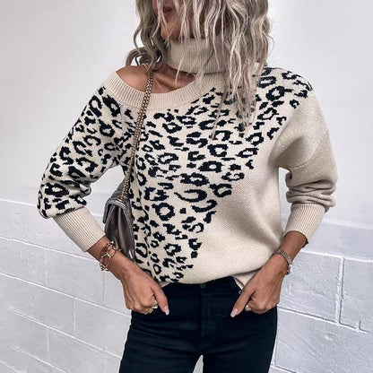 Leopard Print Shoulder-baring Sweater Be Up For Life