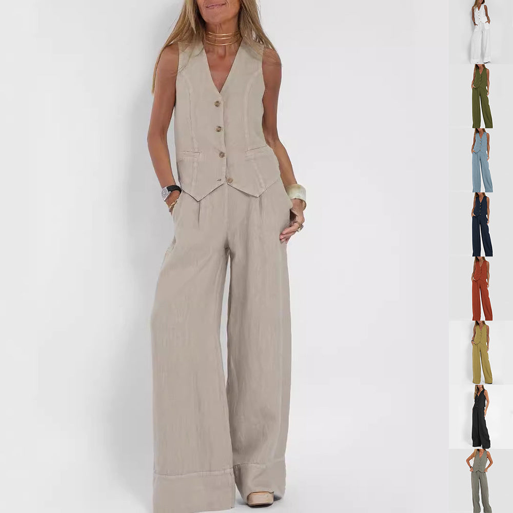 V-neck Botton Sleeveless Top And Loose Straight Pants - BEUPFORLIFE.com