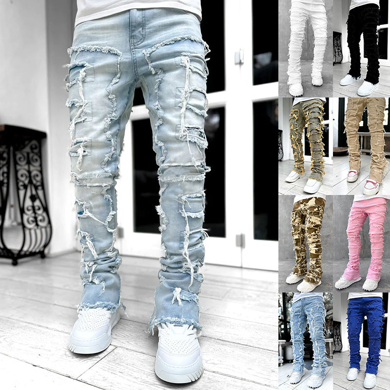 Tight Fit Stacked, Patched Jeans - BEUPFORLIFE.com