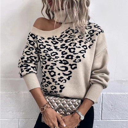 Leopard Print Shoulder-baring Sweater Be Up For Life