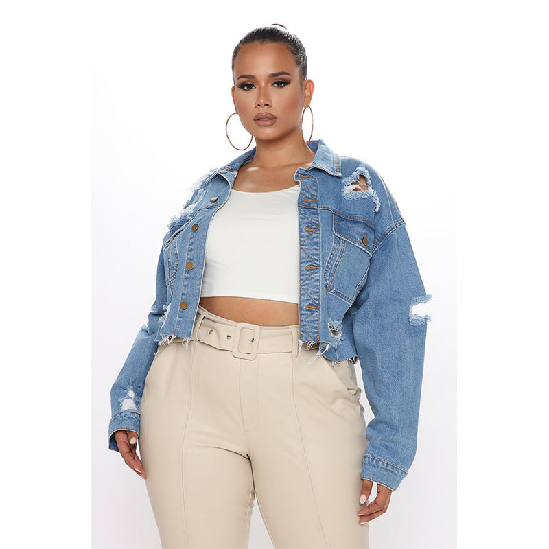 Ripped Denim Short Washed Long Sleeve Coat - BEUPFORLIFE.com