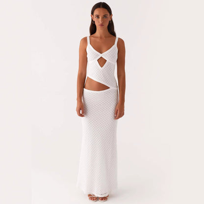 Elegant Sling Solid Color Hollow Mesh Dress