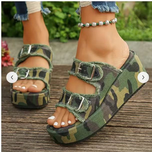 Denim Buckle Wedge Sandals - BEUPFORLIFE.com