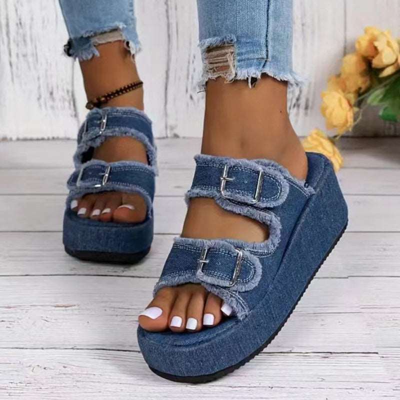 Denim Buckle Wedge Sandals - BEUPFORLIFE.com