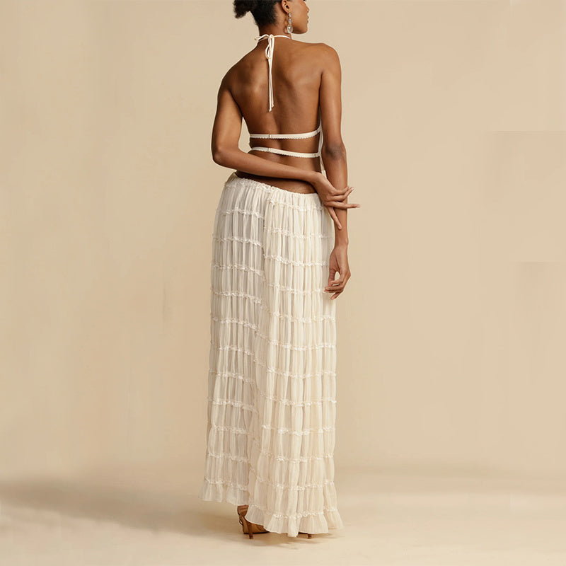 2pc Women's Sleeveless, Backless Cropped Halter Top & Pleated Long Dress - BEUPFORLIFE.com