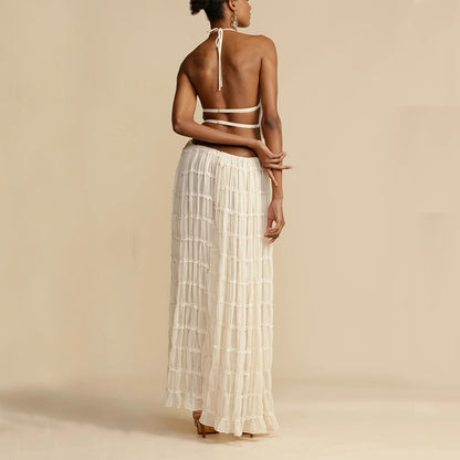 2pc Women's Sleeveless, Backless Cropped Halter Top & Pleated Long Dress - BEUPFORLIFE.com