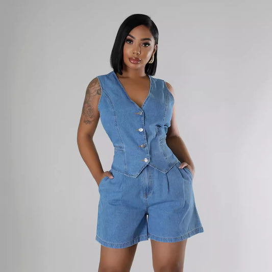 Casual Sleeveless High Waist Women's Denim Shorts Suit - BEUPFORLIFE.com