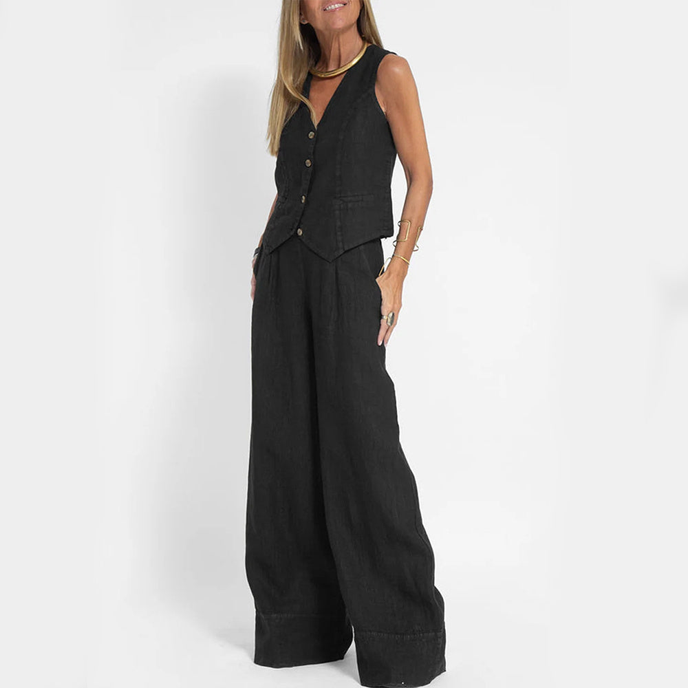 V-neck Botton Sleeveless Top And Loose Straight Pants - BEUPFORLIFE.com