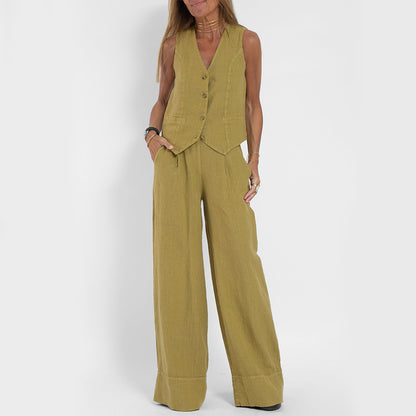 V-neck Botton Sleeveless Top And Loose Straight Pants - BEUPFORLIFE.com