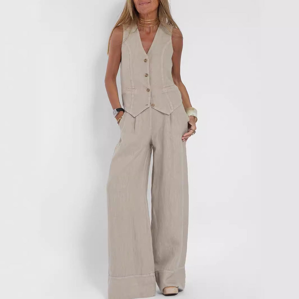 V-neck Botton Sleeveless Top And Loose Straight Pants - BEUPFORLIFE.com