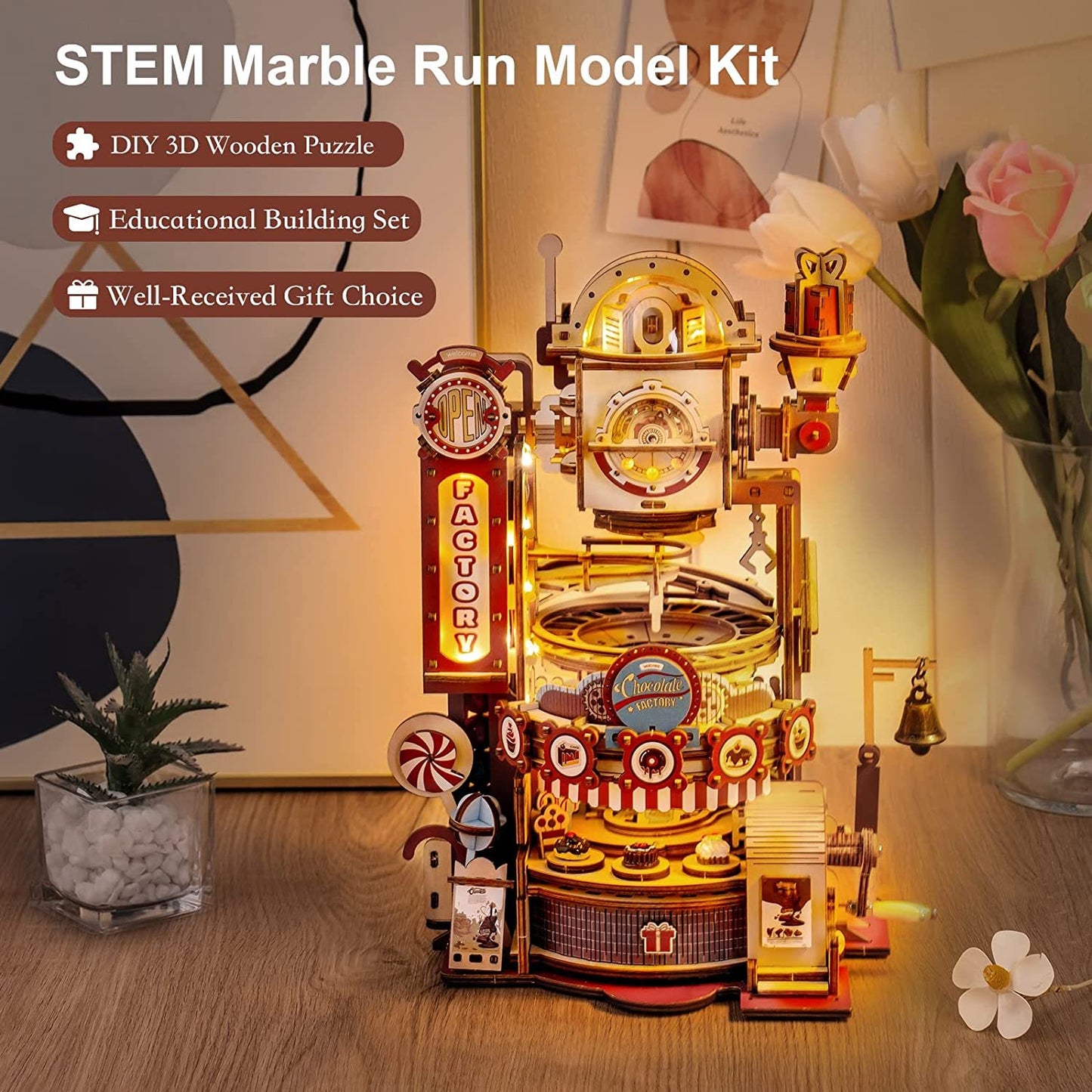 Robotime ROKR Marble Chocolate Factory 3D Wooden Puzzle Games Assembly Model Building Toys For Children Kids Birthday Gift - BEUPFORLIFE.com