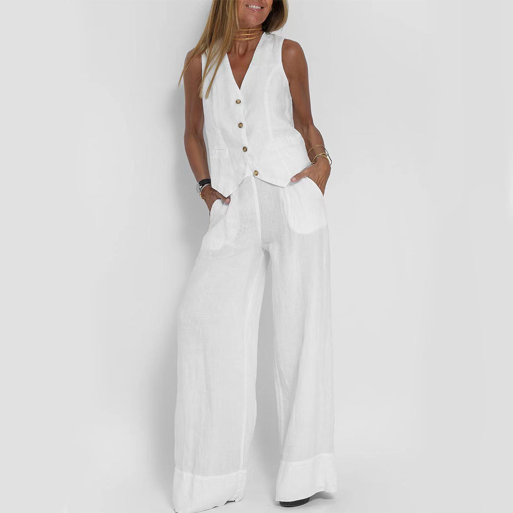 V-neck Botton Sleeveless Top And Loose Straight Pants - BEUPFORLIFE.com