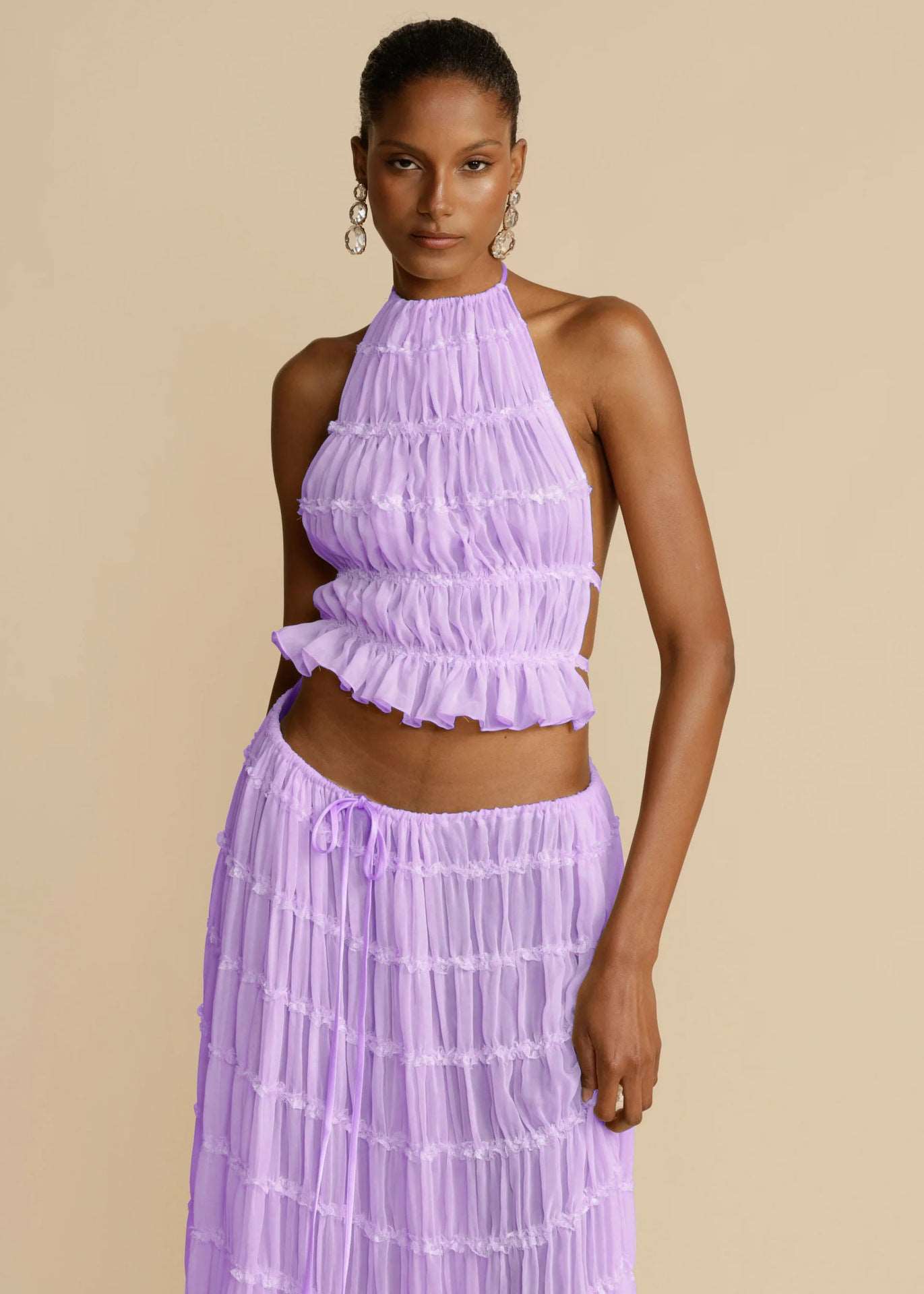 2pc Women's Sleeveless, Backless Cropped Halter Top & Pleated Long Dress - BEUPFORLIFE.com