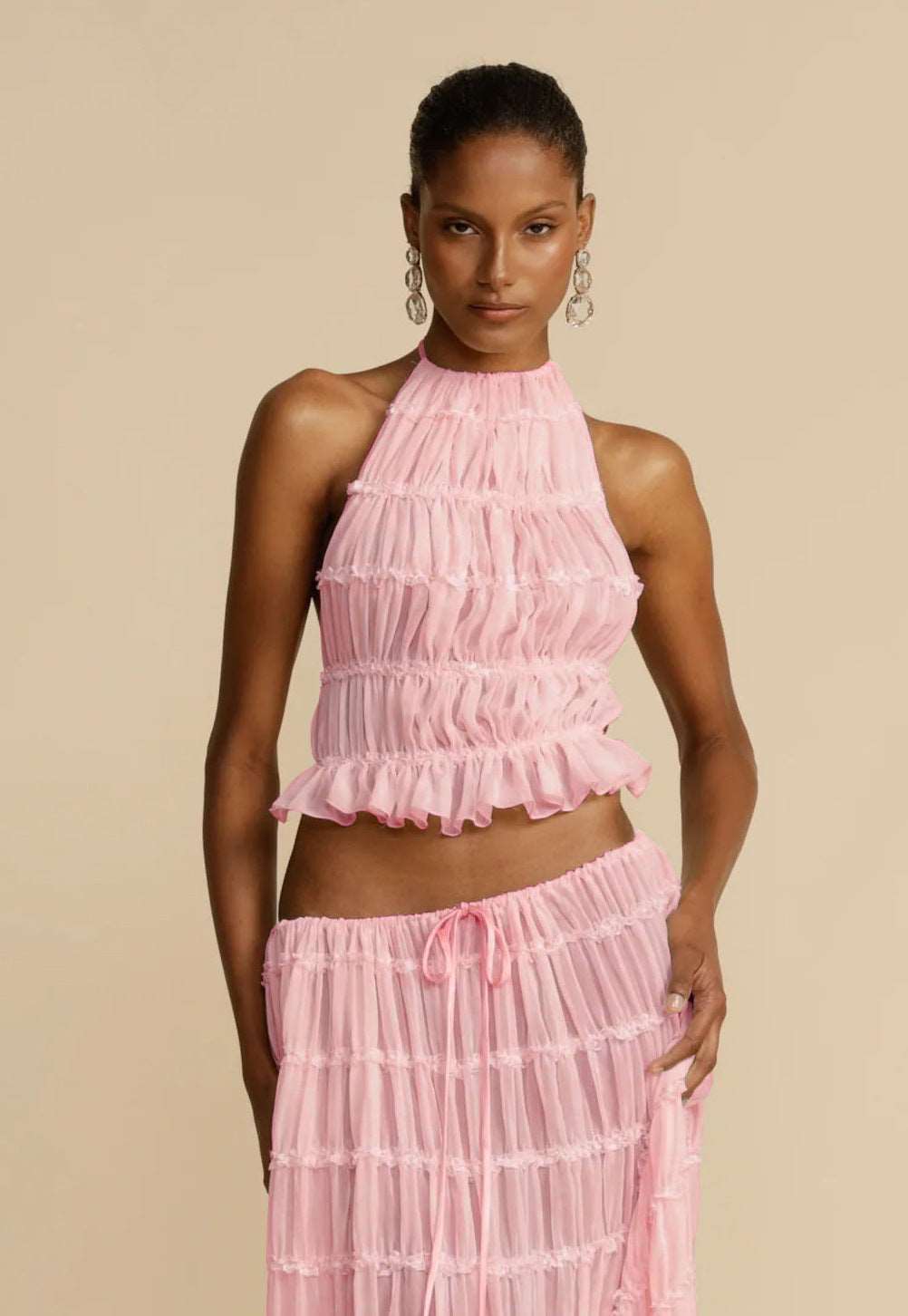 2pc Women's Sleeveless, Backless Cropped Halter Top & Pleated Long Dress - BEUPFORLIFE.com